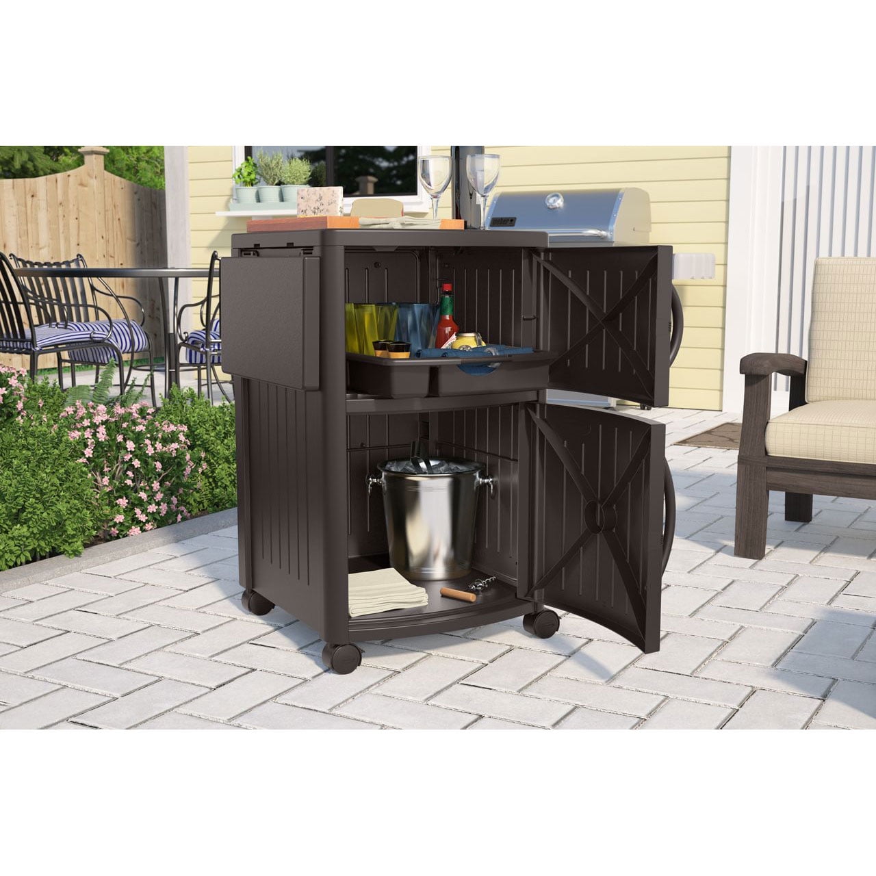 Brown Suncast 40 Inch Counter Outdoor Meal Serving Station And