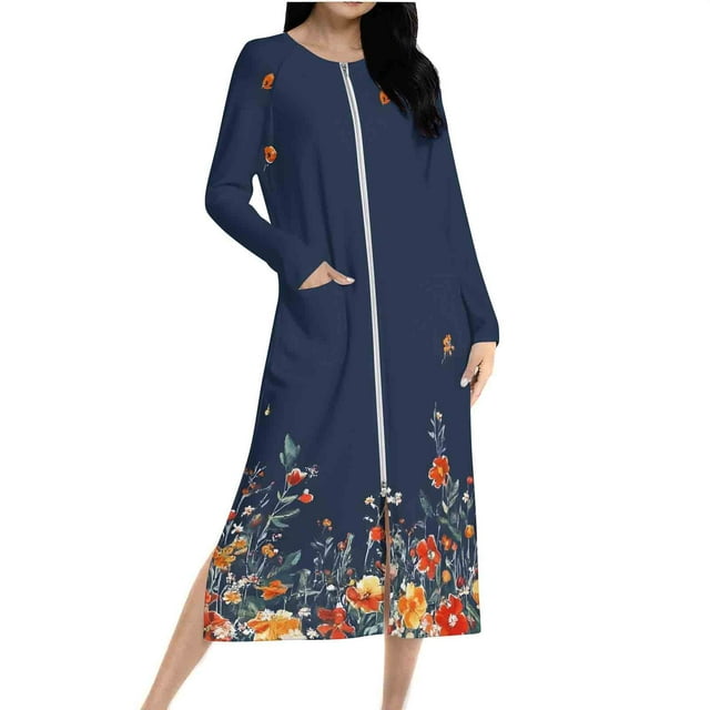 Ovingeta Robe de Pyjama pour Femmes Vêtements de Détente Amples Robe de Nuit à Fermeture Éclair Raglan Vêtements de Nuit Automne Hiver Vêtements de Maison Manches Longues PJs