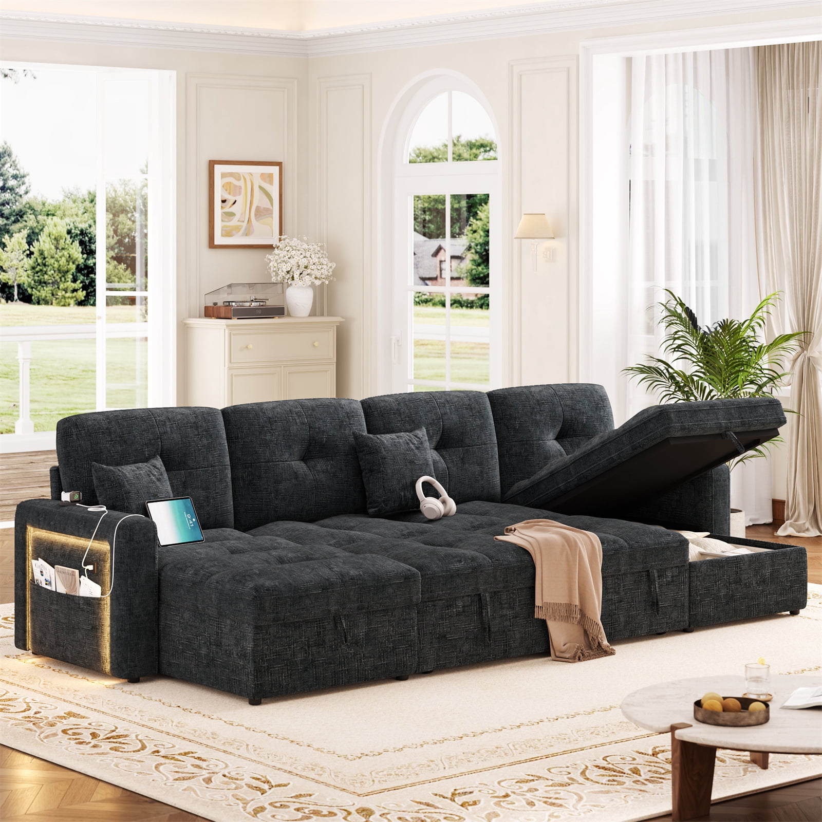 Homfa 107" Sleeper Sofa Bed with Pull Out Couch, Adjustable Backrest Convertible Sofa Bed with Storage Chaise Couch & USB Port, 6 Seat U Shape Sofa Couch with Chaise for Living Room Apartment