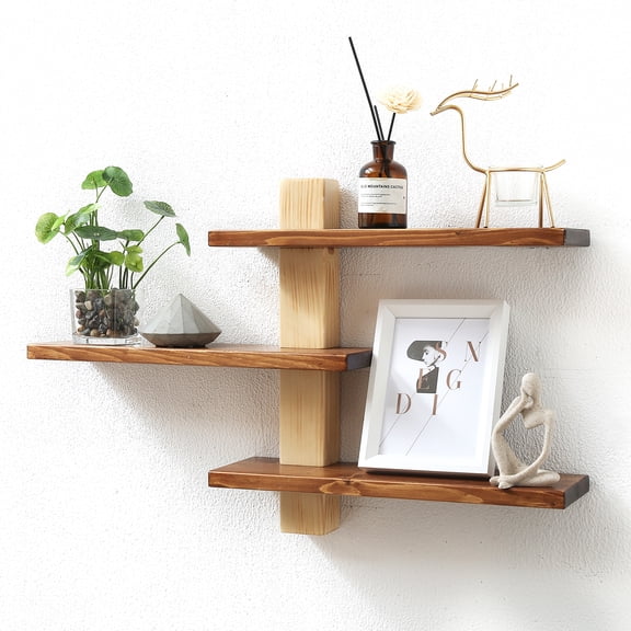 Wood 3 Tier Floating Shelf, Large Minimalist Wall Shelves, Mid Century Modern Furniture, Art Deco, Plant Rock Crystal Shelving for Bedroom Living Room Office Bathroom