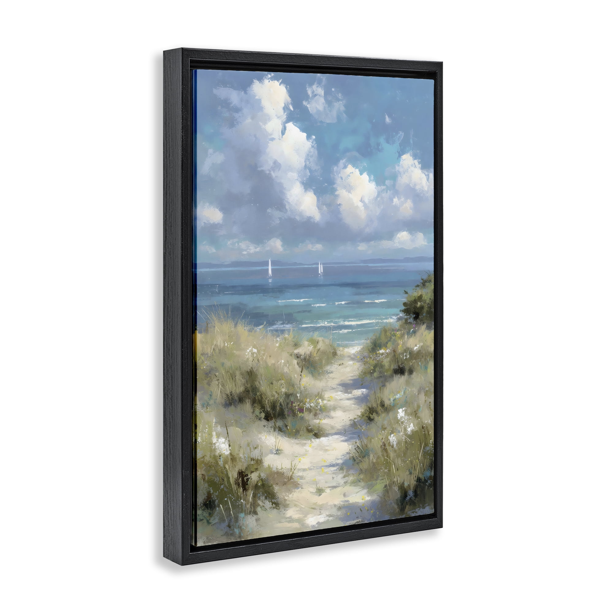 Stupell Industries Impressionist Clouds over Beach Path Black Framed Floater Canvas Wall Art, design by Petal Prints Design