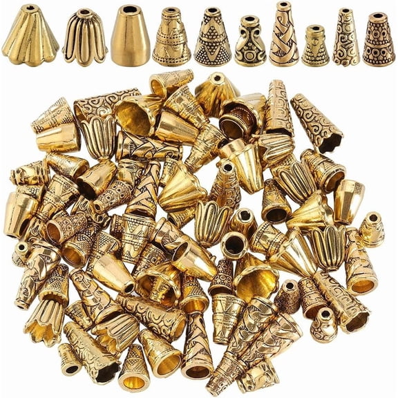 100Pcs 10 Styles Gold Cone Bead Caps Flower Bead Caps Tibetan Style Alloy Golden Beading Tassel End Caps