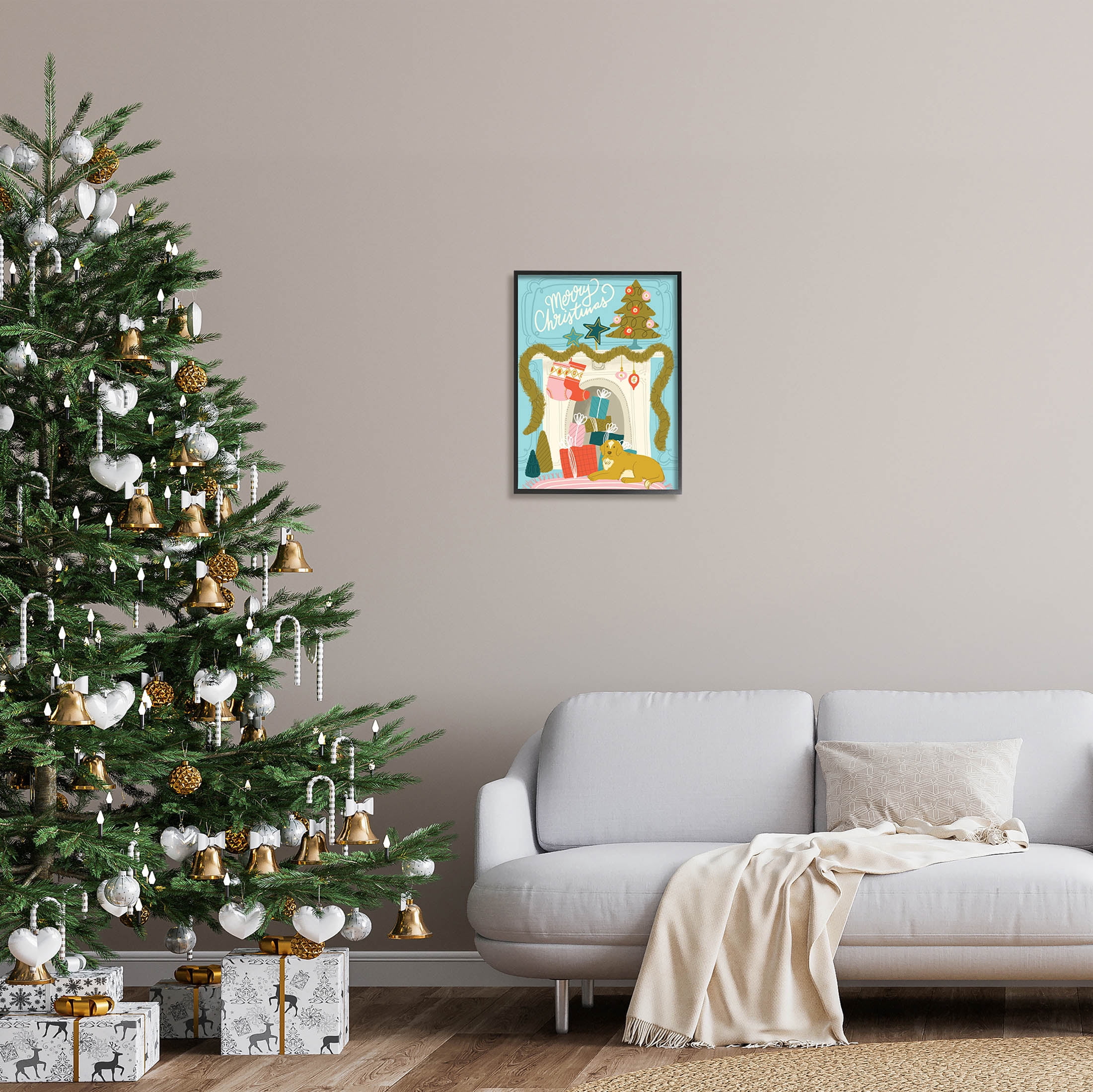 Stupell Industries Whimsical Fireplace Merry Christmas Graphic Art Black Framed Art Print Wall Art, Design by Kristina Hultkrantz