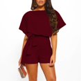 thumbnail image 2 of Femmes Manches Courtes O-Cou Courte Combinaison Solide Ceinturée Jambe Large Pantalon Coupe Ample Playsuit, 2 of 7