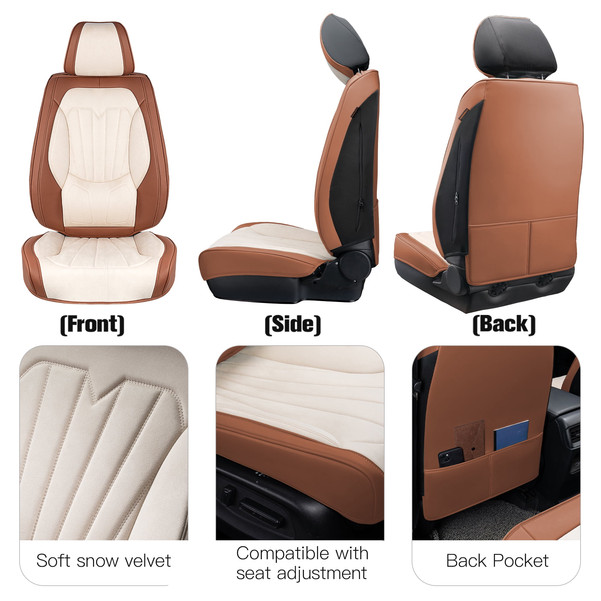 Caromop Universal Car Seat Covers Full Set,3D Foam Support in Velvet & PU Leather,Armrest Compatible for Cars, Trucks, SUVs (Beige/Brown)