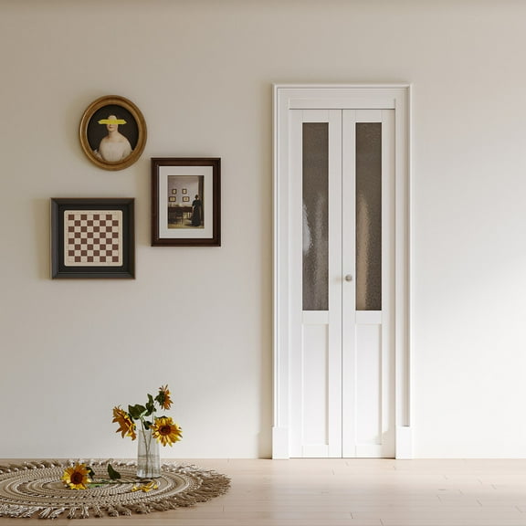 24" x 80" Half Lite Frosted Glass Bifold Doors with Hardware Kit & Knob, Solid Core MDF Wood, Interior Folding Door for Closet, Pantry Door, White Wood Texture Surface