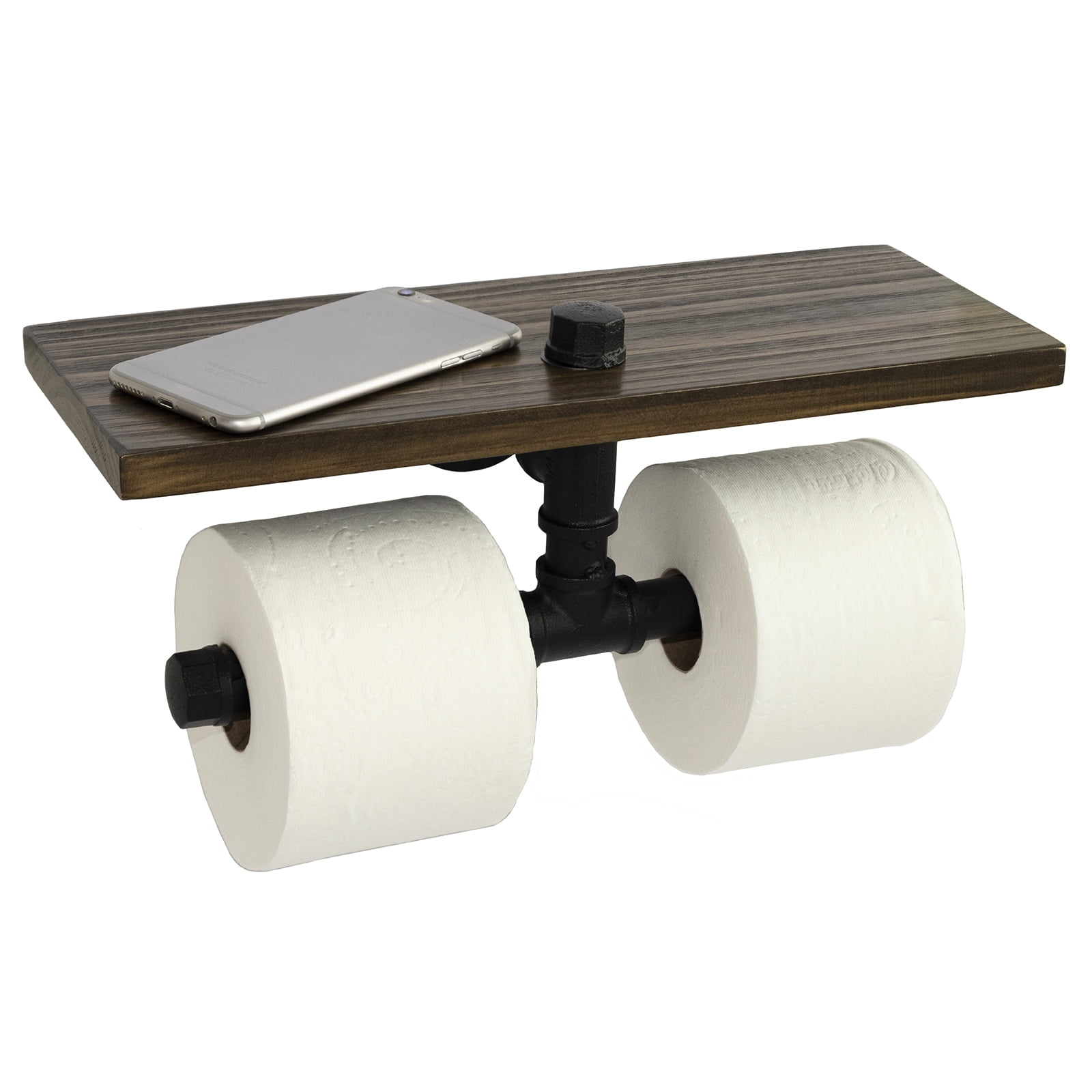 Double Roll Rustic Toilet Paper Roll Holder with Wooden Shelf and Industrial Iron Pipe Toilet Paper Holder Washroom Pipe Toilet Paper Holder for Bathroom 