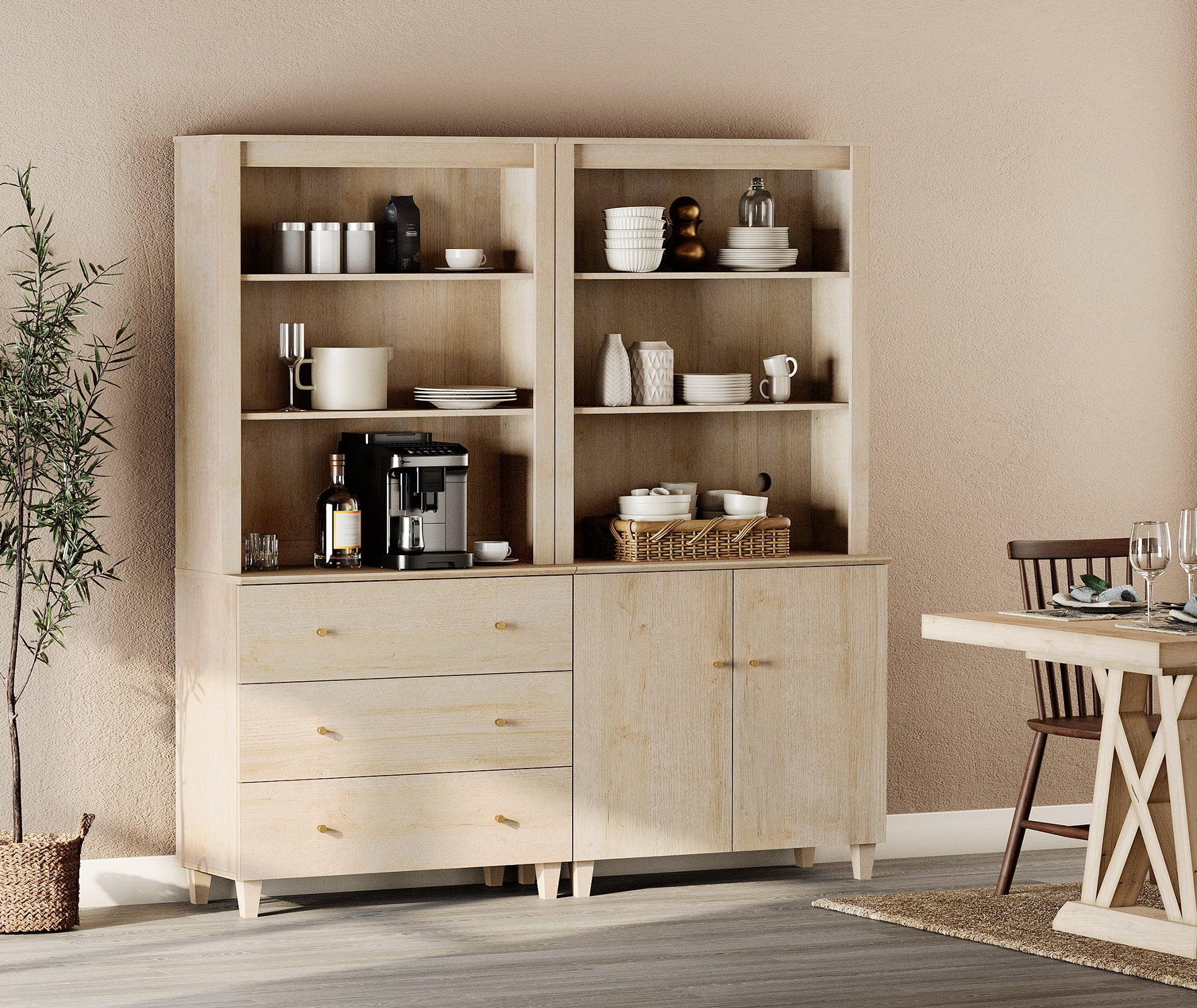 71" Tall Pantry Cabinet Set of 2, 5-Tier Kitchen Storage Pantries with Cabinets and Drawers, Modern Modular Storage Cabinets for Dining Room, Light Oak