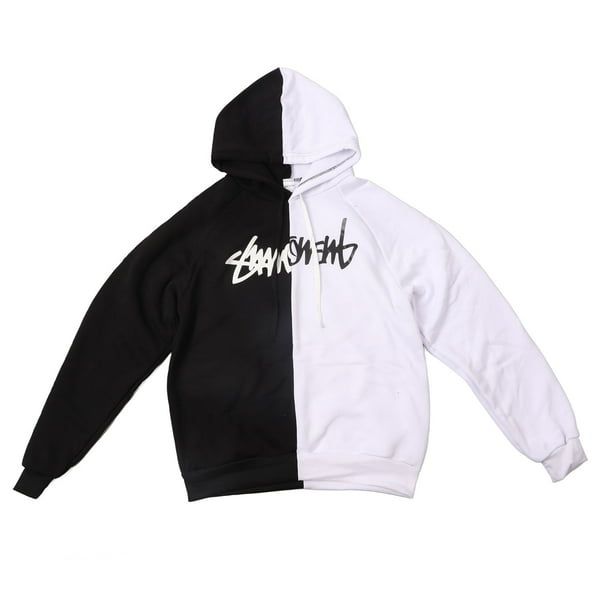 Sudadera con capucha para hombre, de manga larga, con bloques de color, cómoda y moderna, para la escuela, el trabajo, citas, reuniones, color negro y blanco, talla L