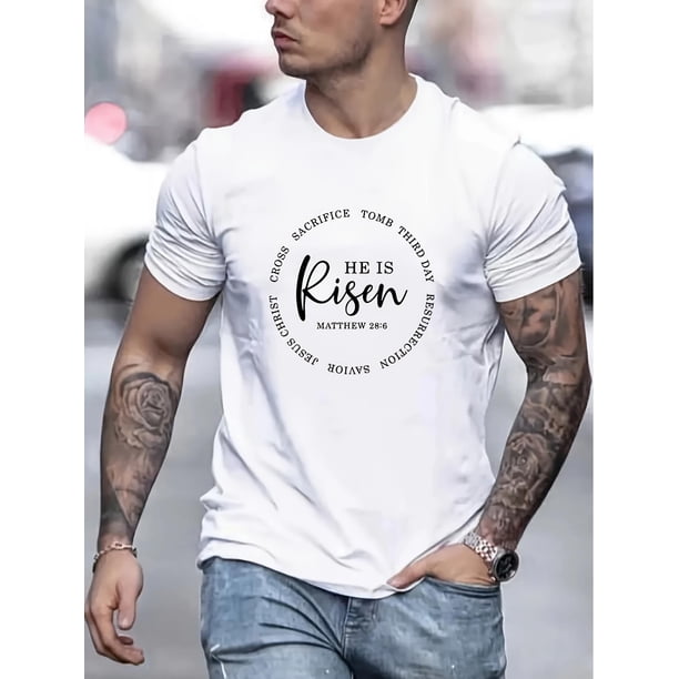 Camiseta gráfica de inspiración retro "Él ha resucitado" para hombre - Estampado de letras llamativas, cuello redondo, lavable a máquina - Estilo casual urbano, camisetas elegantes, camisetas informal