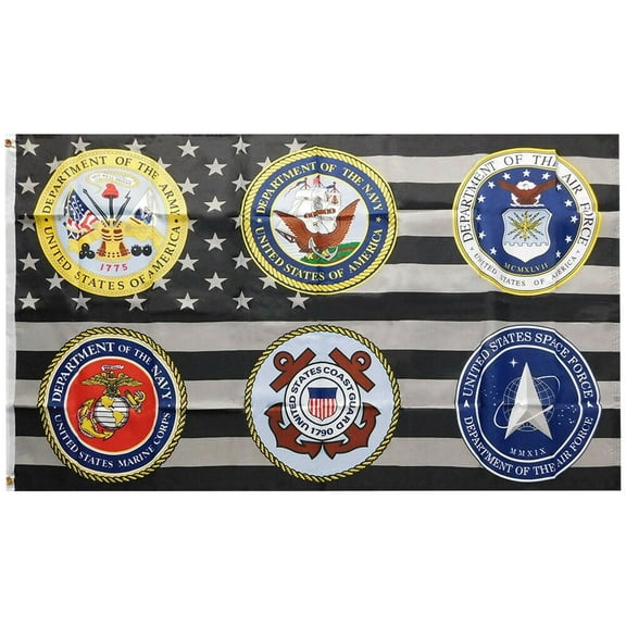 Six Military Branches USA Black & White 100D 3x5 Woven Polyester Flag