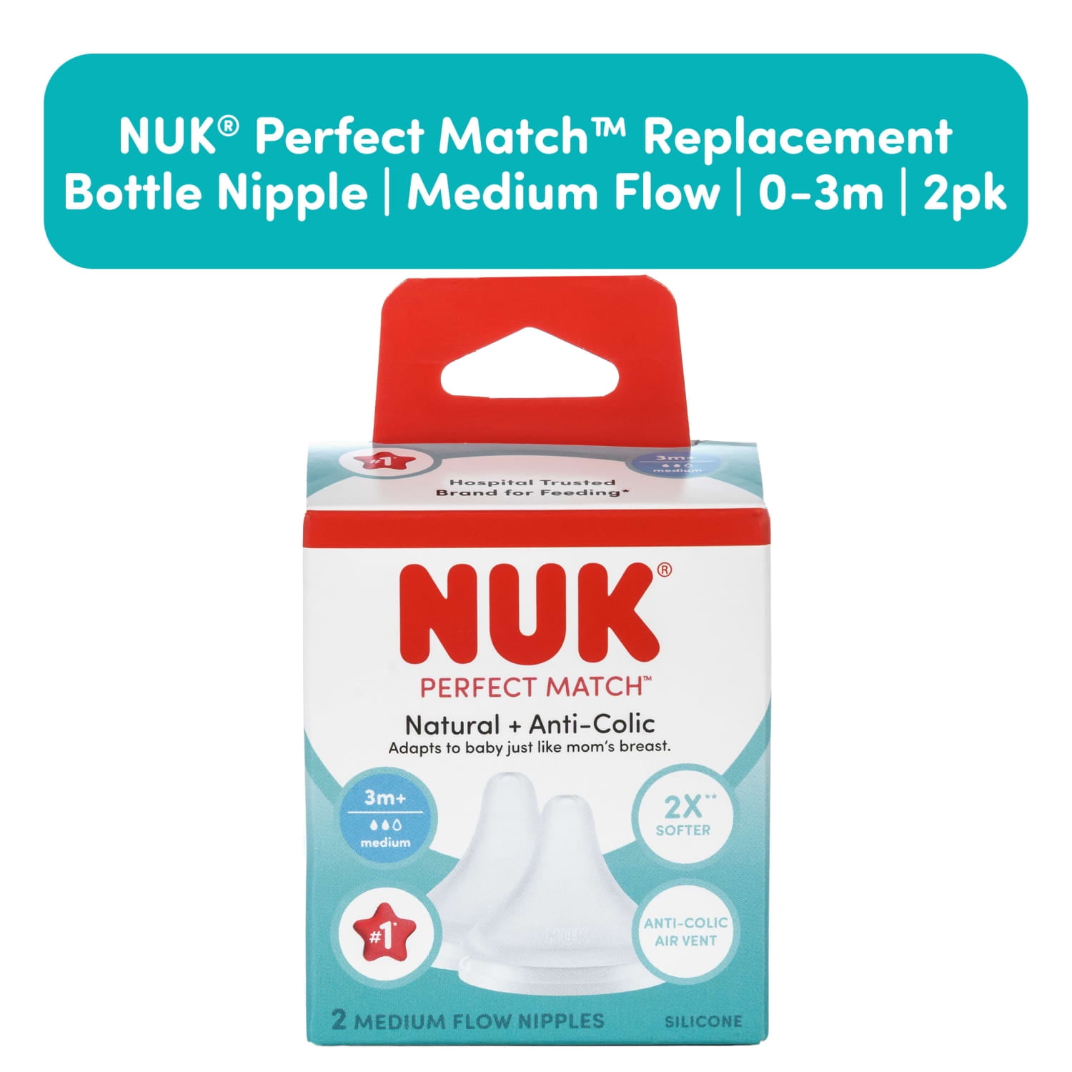NUK Perfect Match Medium Flow Nipple, 2-Pack