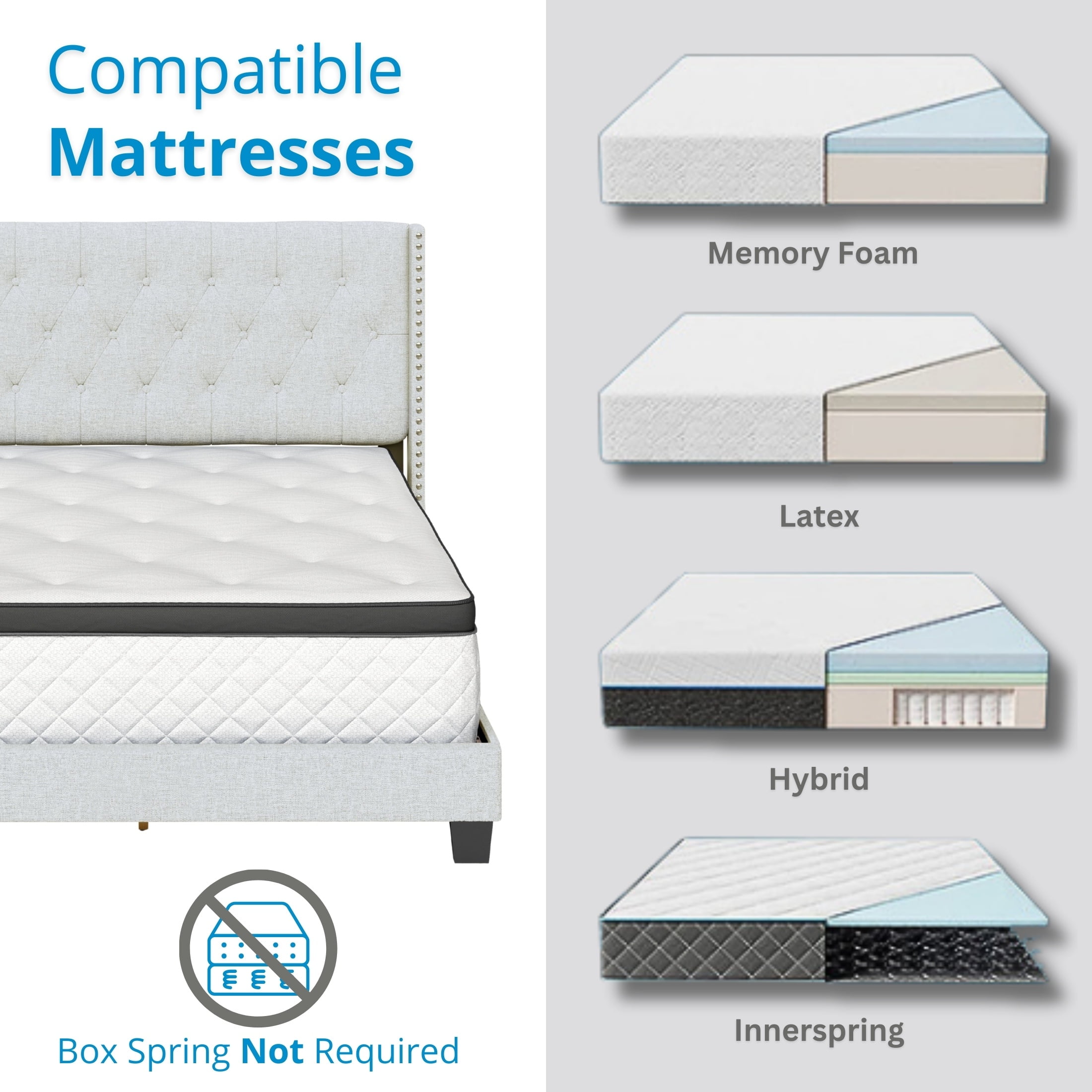 Boyd Sleep Mia Off White Linen King Size Fully Upholstered Platform Bed Frame with Tufted Headboard