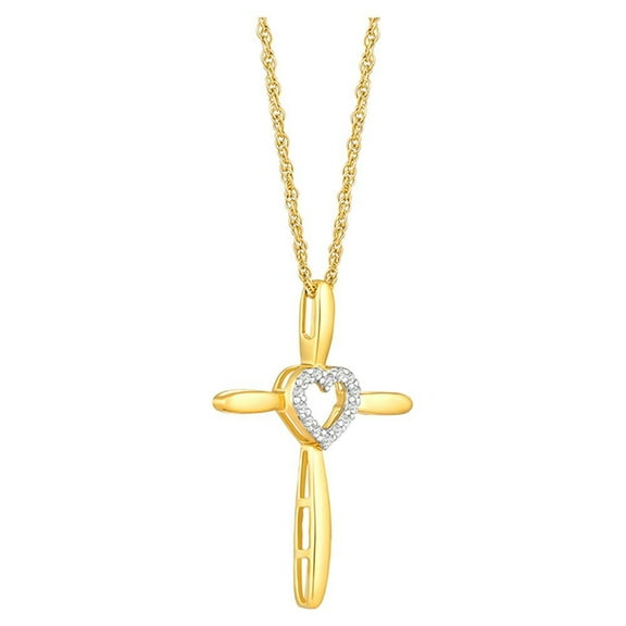Gold Plated Sterling Silver Round Diamond Cross Heart Pendant (1/10 cttw, I-J Color, I2-I3 Clarity), 18"