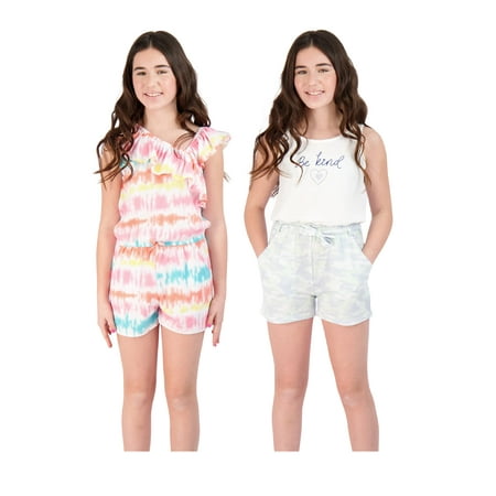 

Sweet Butterfly Girls 2-Pack Sleeveless Knit Romper Printed Fashion Summer Clothes for Kids Stylish Multipack Set (Tie-Dye-Blue 10-12)