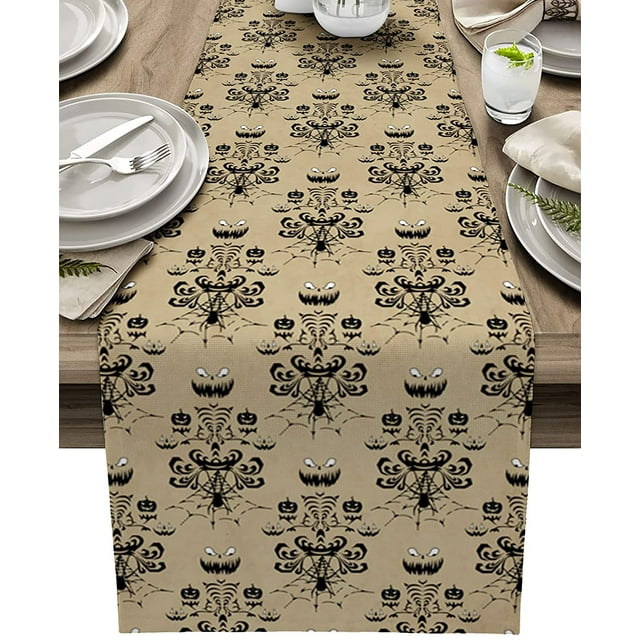 Halloween Table Runner, Halloween Decorations Ghost with Orange Backgound Fall Home Decor for Kitchen, Home, Dining Table, 13x120In