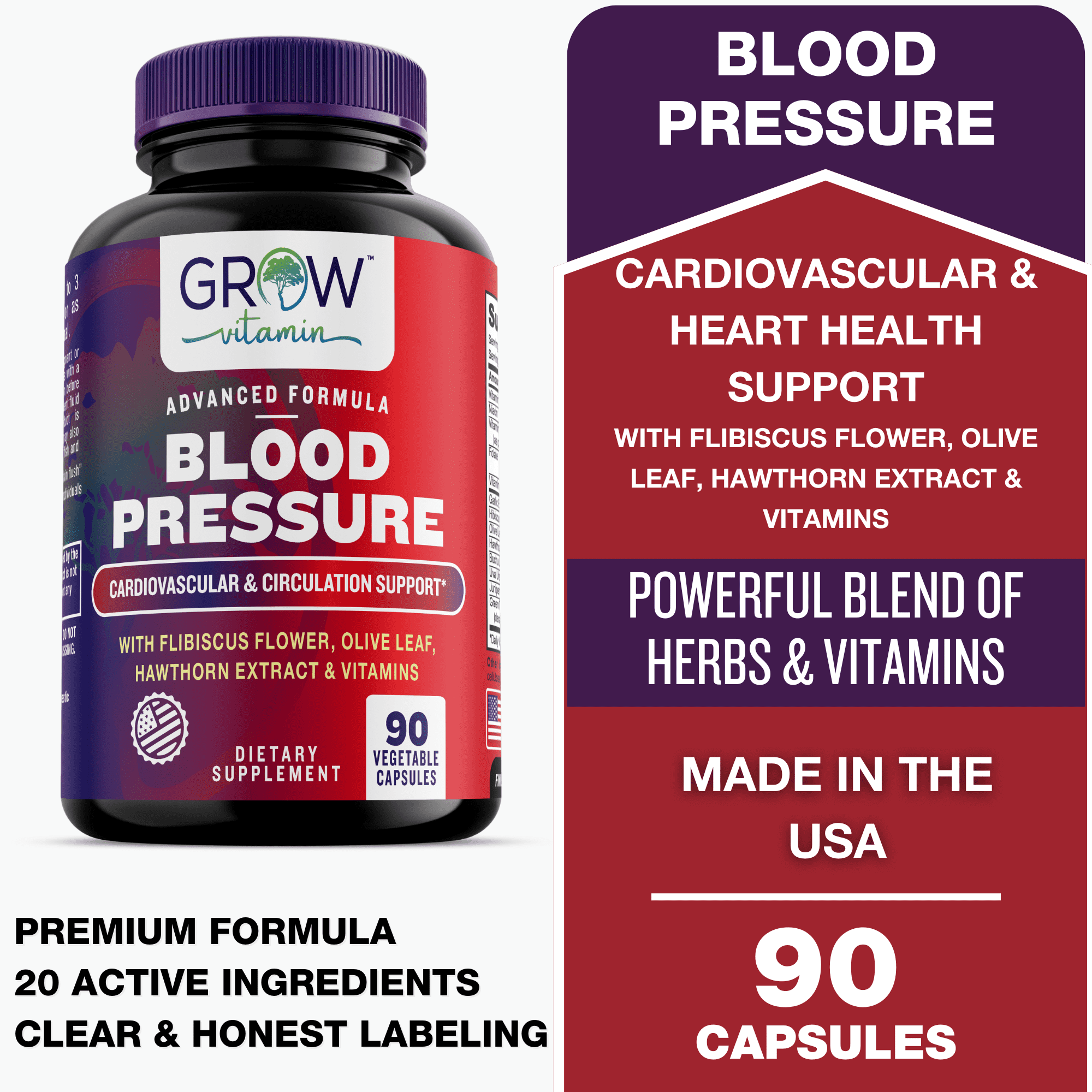 Grow Vitamin Blood Pressure Supplement for Cardiovascular Circulation and Endurance - 90 Capsules