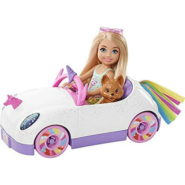 Barbie Famille mini-poupée Chelsea avec voiture décapotable licorne,  figurine de chiot, autocollants et accessoires, jouet pour enfant, GXT41 