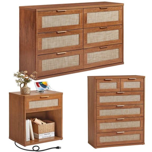 LEYAOYAO Rattan Bedroom Set of 3, 6 Drawer Dresser, 2 4 Drawer Tall Chest and 1 Drawer Nightstand with Charging Station, Boho Furniture, Brown