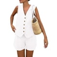thumbnail image 5 of 2 Piece Outfits for Women Summer Bussiness Linen Sets Sleeveless V Neck Vest Button Waistcoat and Pockets Shorts, 5 of 7