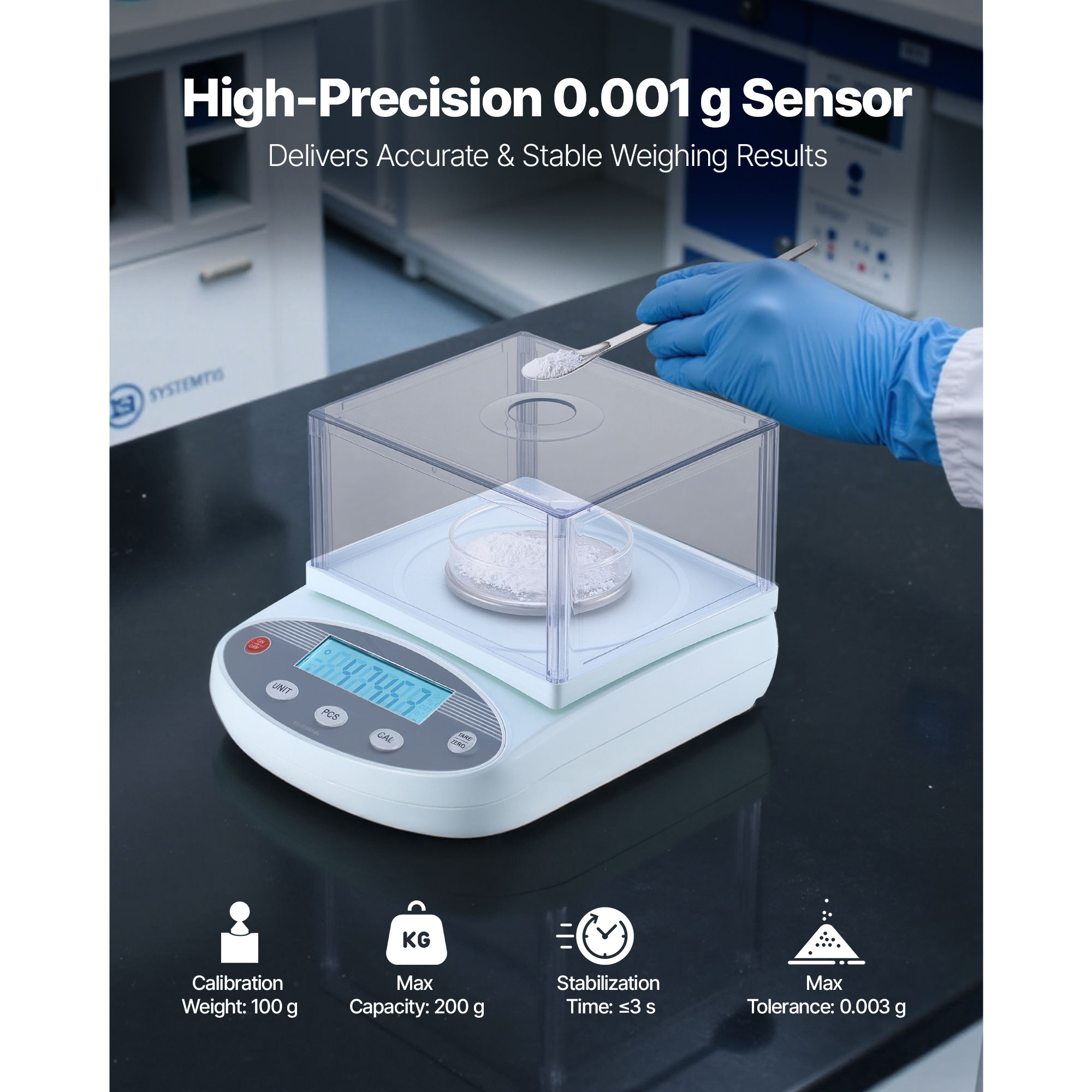 KFFKFF Analytical Balance, 200 g x 0.001 g, Precision Lab Scale with 13 Measurement Units, Digital Electronic Scale with Glass Draft Shield and Weighing Pan, Suitable for Laboratory, Jewelry