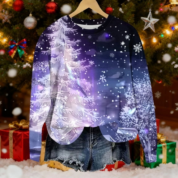 asdoklhq Christmas Womens Sweatshirt Women's Christmas Round Neck Printed Loose Sweater Long-sleeved Top Multicolor 5X