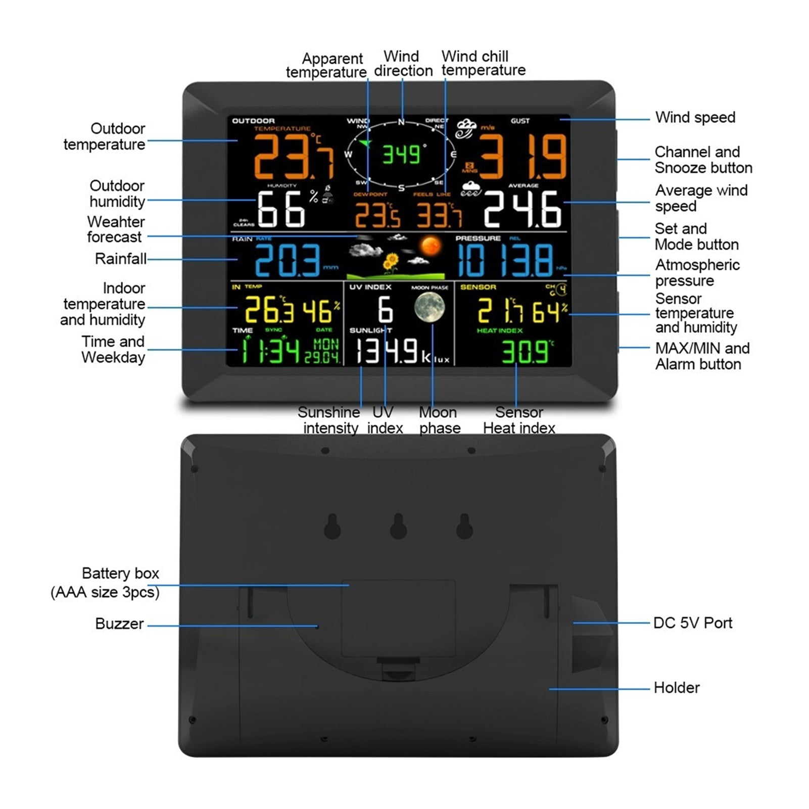 WiFi Wireless Weather Station Indoor And Outdoor Internet Multifunction Humidity Pressure Anemometer Wind Rain Gauge ,Easy to Operate