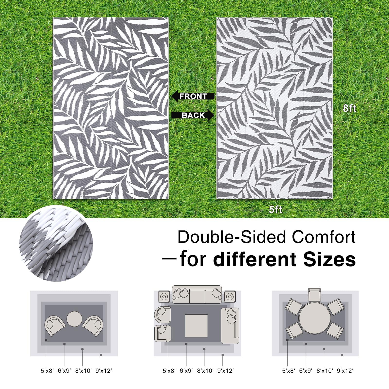 Smiry Outdoor Rugs 5x8, Waterproof Plastic Straw Indoor Outdoor Mat for Patio, RV Camping, Deck,Porch, Grey & White