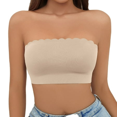 Top Savings: Push Up Bras for Women  Sujetador Cómodo  Ashion Women Solid Color Wavy Pattern Wireless Together Breast Milk Strapless Daily Bra SOPATENOR Khaki M