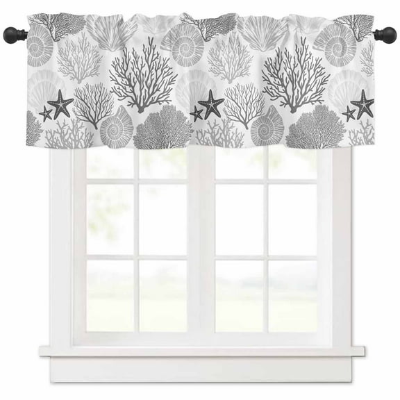 Grey Coastal Curtain Valance for Windows/Kitchen/Living Room/Bedroom, Ocean Coral Starfish Shell Modern Sea Rod Pocket Window Treatment Short Drape Topper Small Tier Cafe Curtains Panel 54X18