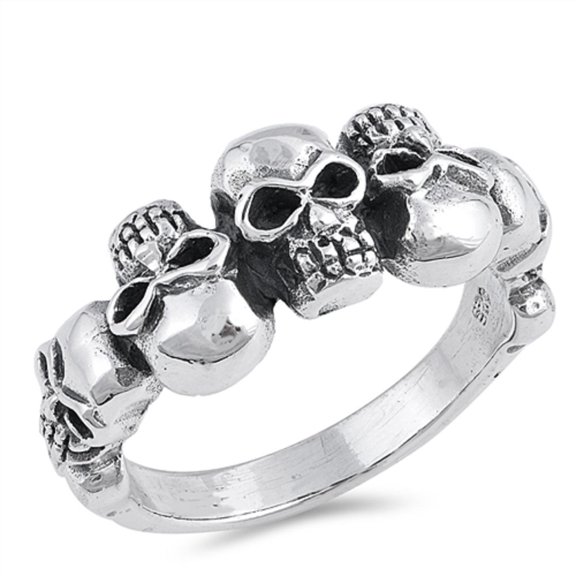 Sterling Silver Five Skulls Ring