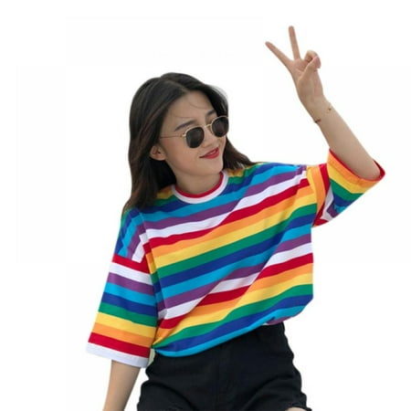 2021 SALE Women Rainbow T Shirt Striped O-Neck Half Sleeves Stripes Tee Top Stripped Boyfreid Style Oversize,M-2XL