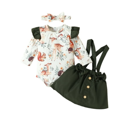 

IMISSILLEB Baby Girls 3 6 9 12 18 Months Skirt Set Long Sleeve Leaves/Animal Print Romper Suspender Skirt Bow Headband Fall Outfit