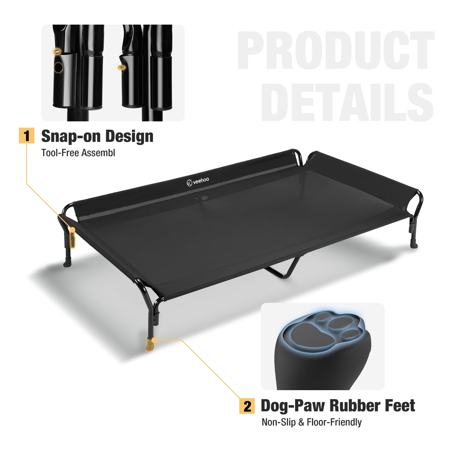 Veehoo Cooling Elevated Dog Bed with Guardrail & Slope Headrest, Teslin Mesh, X Large, Black