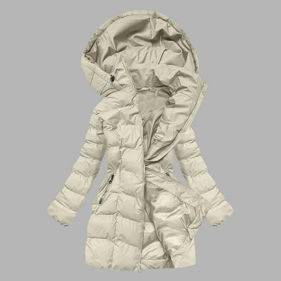 Maqroz Long Down Jacket Women Knee Length Warm Quilted Coats Fleece Lined Heavy Winter Coats Zip Up Thermal Heavyweight Parka Jackets with Hood and Zipper Pockets Outerwear, Beige M