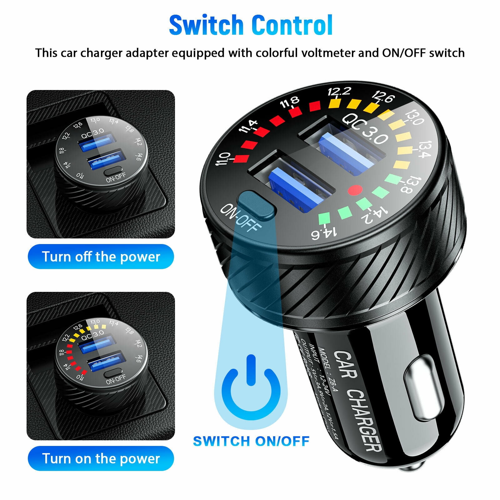 NATEFEMIN Car Charger with Color Voltmeter Safe Charging, Dual Ports, Temperature Range -20 to 60℃, Aluminum Alloy Body