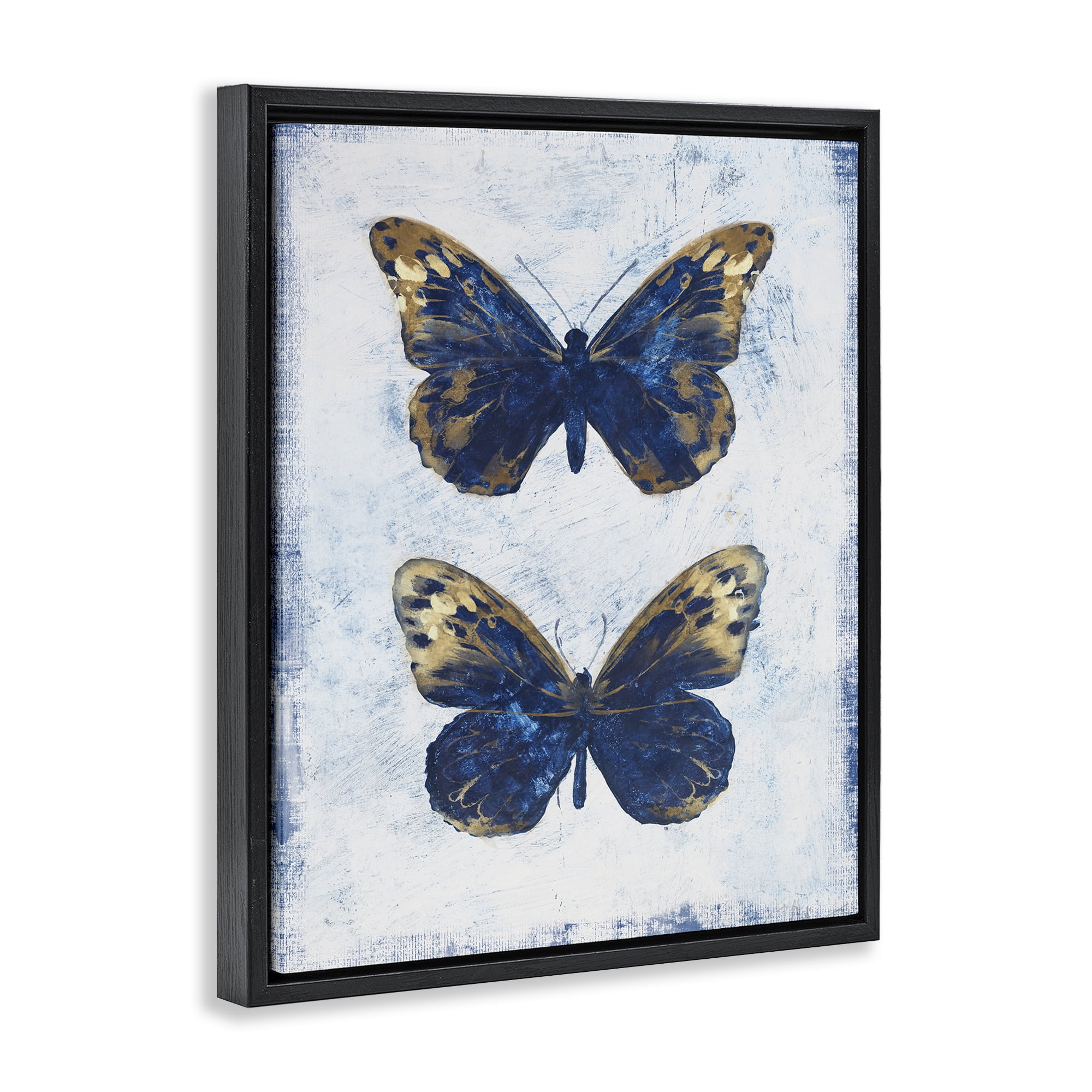 Stupell Industries Gold & Blue Butterfly Animals Painting Black Floater Framed Canvas Art Print Wall Art, 25 x 31
