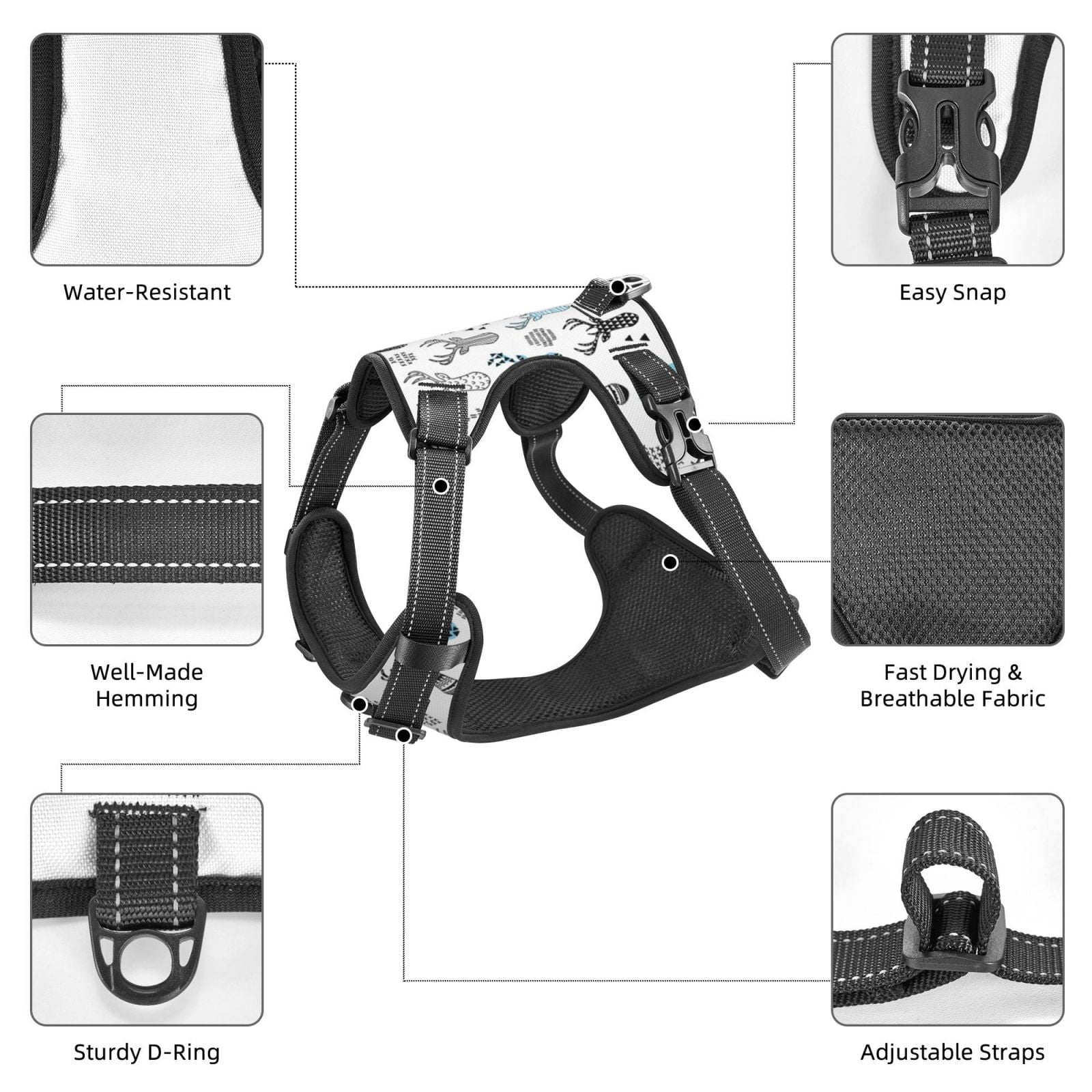 Kdxio Winter Art Blue and Black Moose Print No Pull Dog Harness Adjustable Reflective Oxford Easy Control Medium Large Dog Harness for Training and Everyday-Large