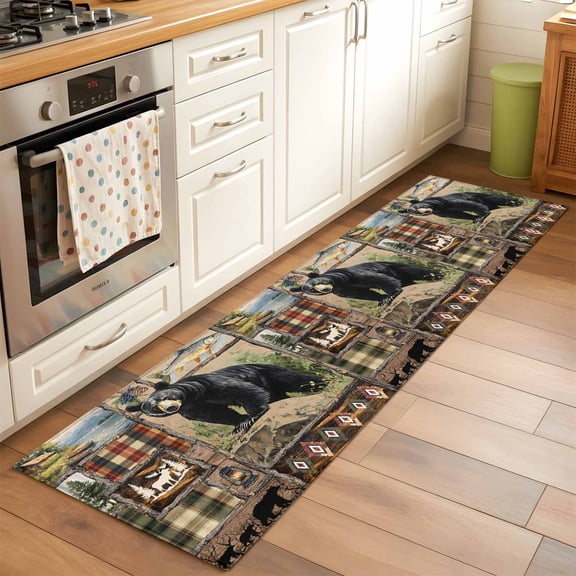 2x6 Kitchen Runner Rug, Vintage Black Bears Non-Skid Rubber Backing Large Rectangle Rugs - Living Room Bedroom Home Office, Abstract Country Plaid Fish Retro Indoor Floor Mat Carpets Washable Rug