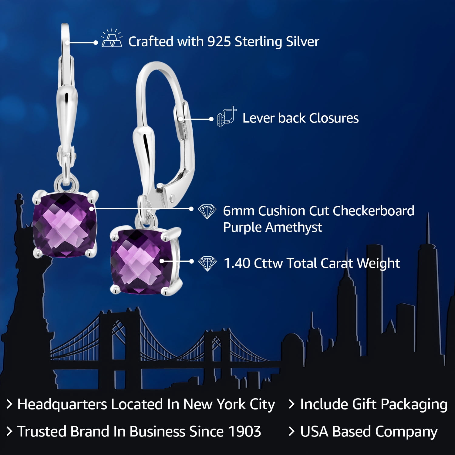 Gem Stone King 925 Sterling Silver Purple Amethyst Dangle Earrings for Women (1.40 Cttw, Gemstone February Birthstone, Cushion Checkerboard 6MM)