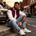 thumbnail image 4 of Varsity Bomber Jacket Men Color Block Snap Front Coat Ribbed Collar Cuffs Hem for Casual Party Sports Daily, 4 of 9