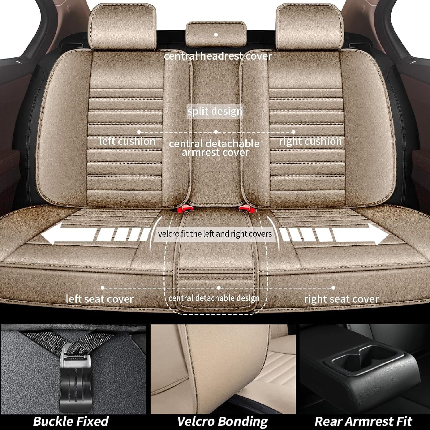 AOMSAZTO Fit for Ford C-Max Hybrid 2013-2018 Beige Car Seat Cover 5-seat Faux Leather Full Set Compatible Airbag