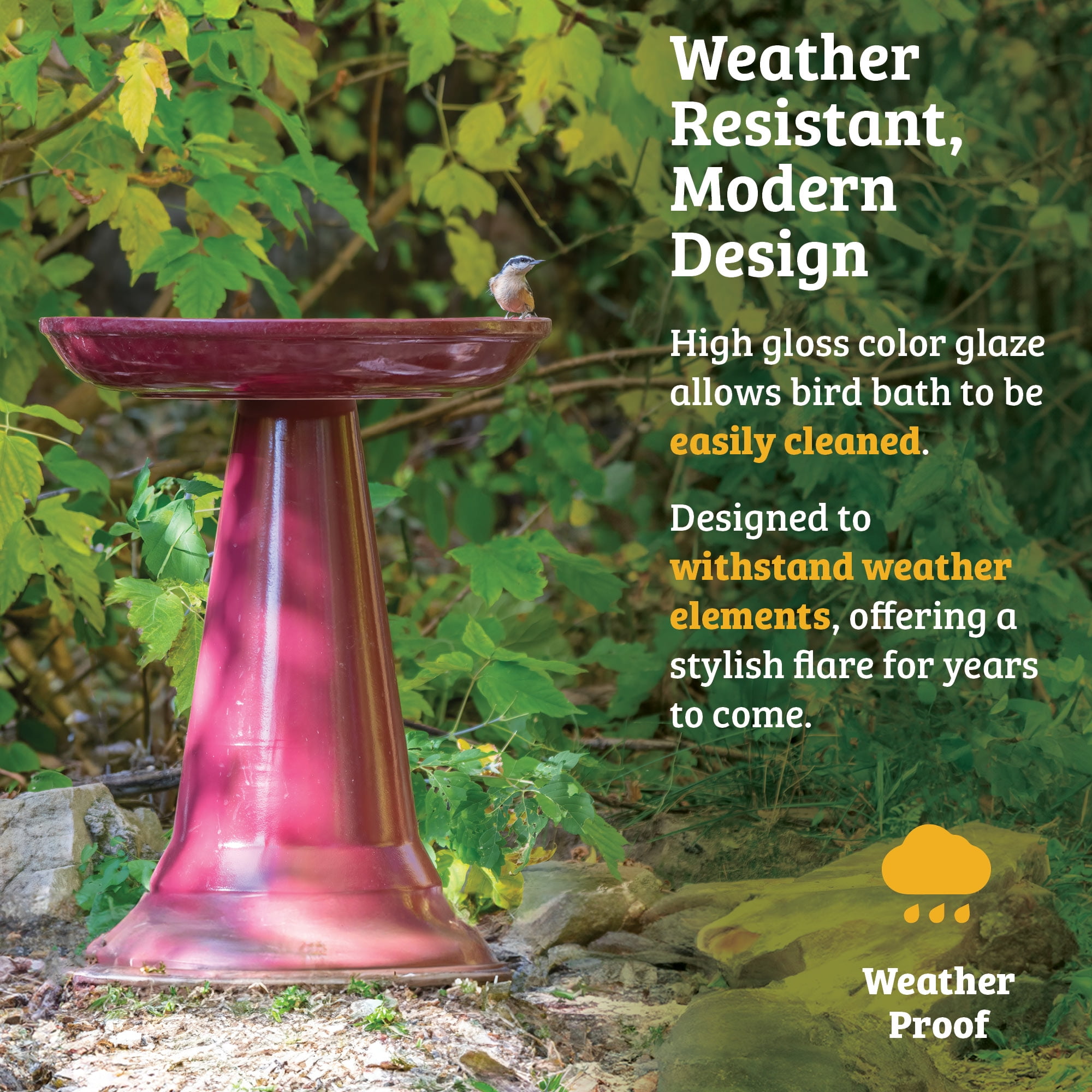 Birds Choice Ohio Stoneware Weather Resistant Ceramic Clay Pedestal Bird Bath, 22"H x 17"D, Hunter Greenreen