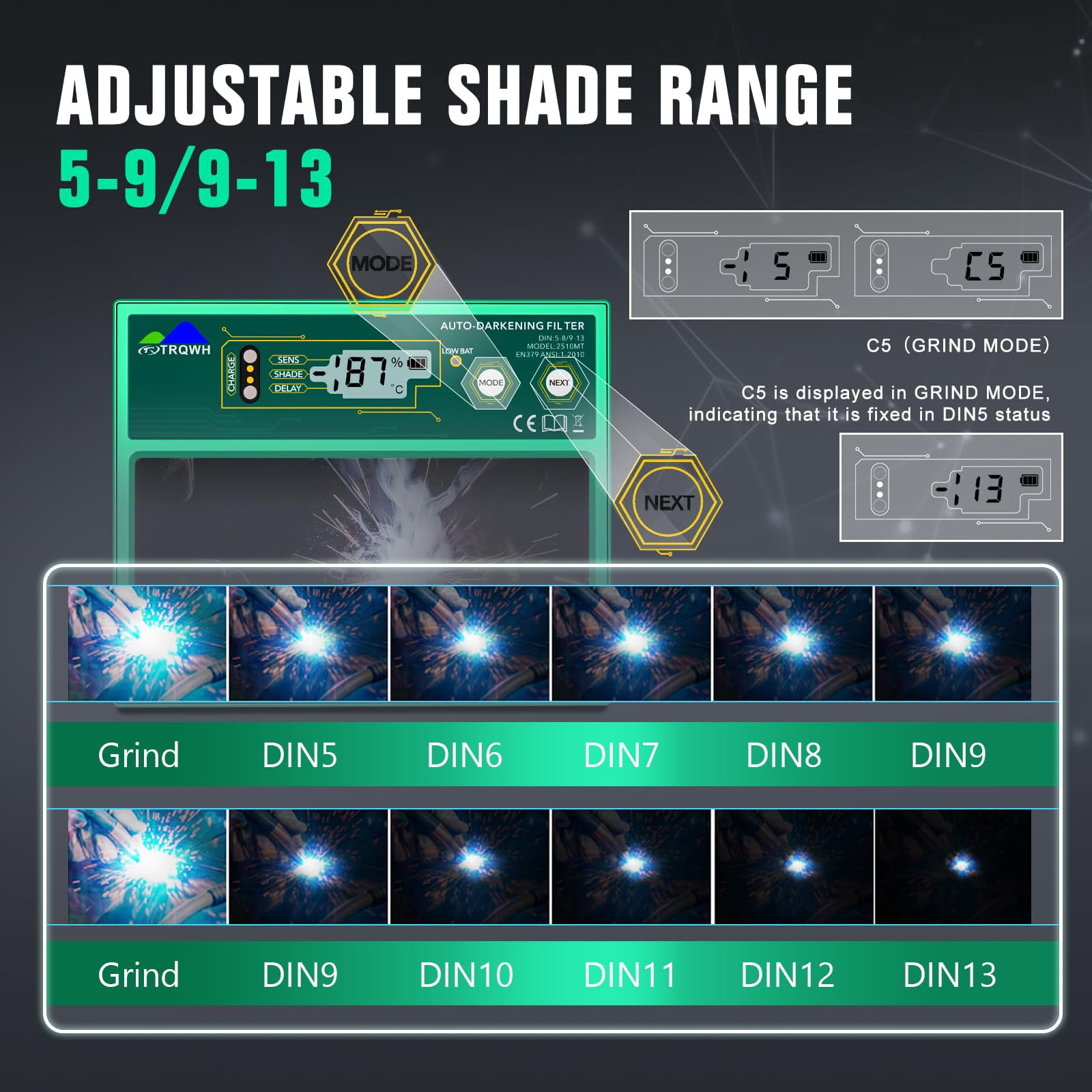 TRQWH Auto Darkening HD Digital Display Welding Lens 4.33x3.54in True Color Technology Welding Helmet Lens Adjustable Shade Range 4/5-13 Automatic Metal Welding Lens for Welding Hood Parts, Green