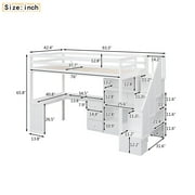 Pinovk Twin Size Loft Bed with L-Shaped Desk and Drawers, Cabinet and Storage Staircase, White