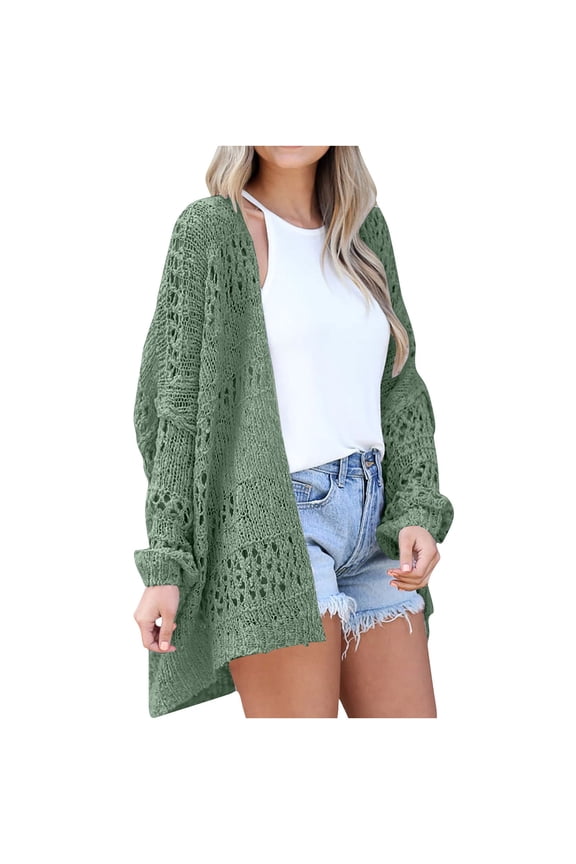 Women's Warm Cardigan Jacket Solid Color Long Sleeve Round Neck Knitted Trendy Hollowed Out Mid-length Jackets Loose Casual Outerwear Fall Winter Ladies Jackets