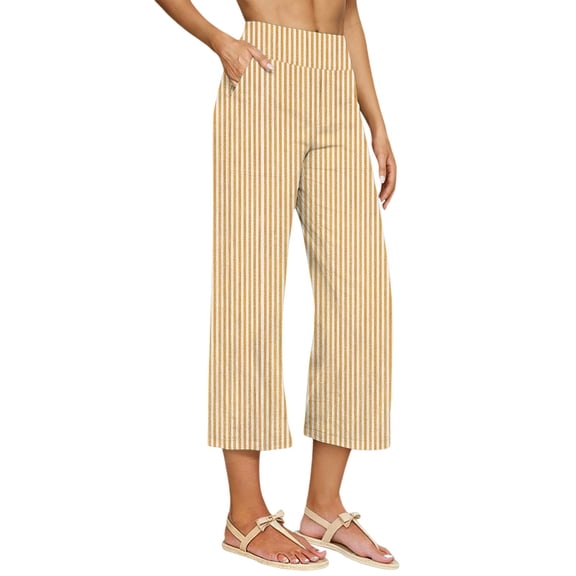 StSilkitty Striped Casual Capris for Womens High Waist Elastic Wide Leg Capri Pants Beach Vacation Cropped Trousers with Pockets