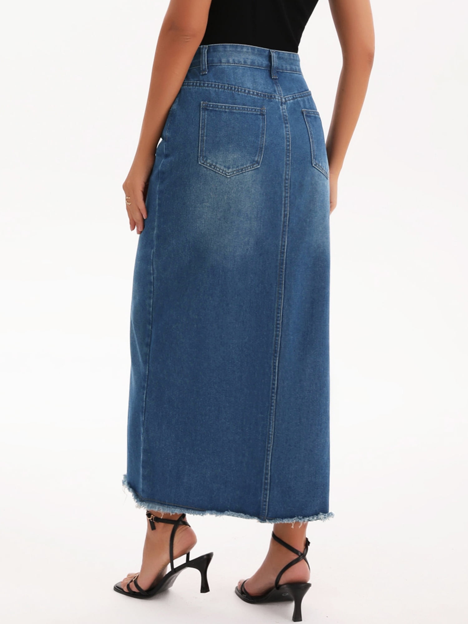 DARING DIVA Women's Denim Split Front Raw Hem Washed Maxi Jean Skirts XX-Large Retro Blue