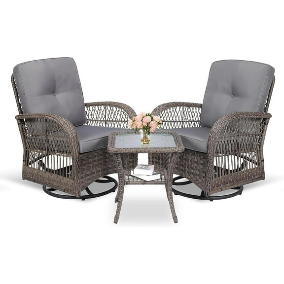 MEETWARM 3 Pieces Outdoor Wicker Swivel Rocker Patio Set, Rocking Chairs Rattan Patio Furniture Sets with Thickened Cushion and Glass-Top Coffee Table, Conversation Bistro Set for Porch (Gray)