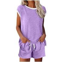 Htigea Two Piece Set for Women 2025 Summer Outfits Lounge Matching Sets Casual Shorts Sleeve Biker Short Set under 10 dollars Purple,M
